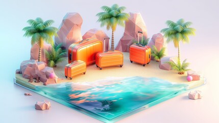 A isometric set of bold orange suitcases stands out against the backdrop of a 3D-rendered island with palm trees and sandy beaches