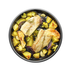 Pieces of delicious baked cod with vegetables, lemon and spices in dish isolated on white, top view