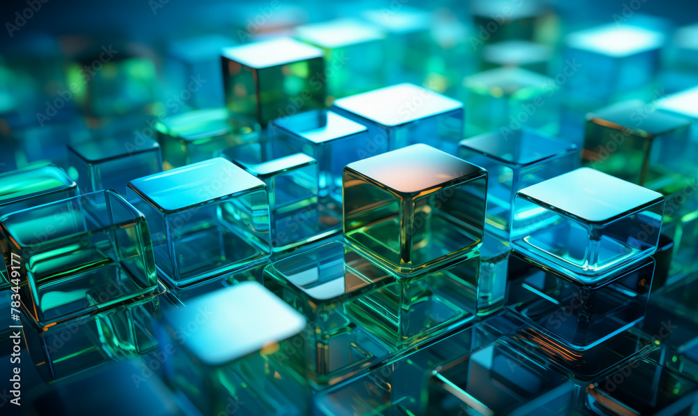 Fototapete abstract dark background with blue, green transparent glass cubes are stacked on top of each other, 