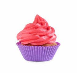 Delicious cupcake with pink cream isolated on white