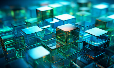 Abstract dark background with blue, green transparent glass cubes are stacked on top of each other, 3d rendering Generative AI