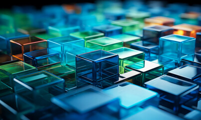 Abstract dark background with green, blue transparent glass cubes are stacked on top of each other,...