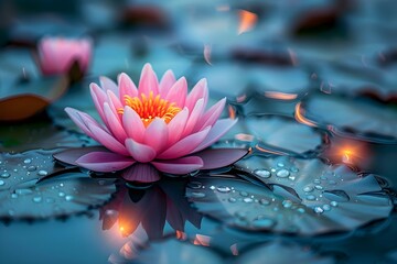 Serenity Bloom: Water Lily Reflections and Whispering Waters. Concept Water Lily Photography, Reflections in Nature, Tranquil Landscapes, Flowing Waters, Serene Moments