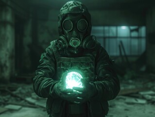 Stalker in uniform and gas mask holds a glowing anomaly in his hands. AI generative. - obrazy, fototapety, plakaty