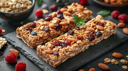 A close-up of granola bars with a crunchy texture and nutritious ingredients such as oats, dried fruits and nuts. Granola bars for a quick snack or energy boost. - obrazy, fototapety, plakaty
