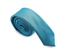 One light blue necktie isolated on white, above view