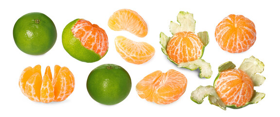 Fresh ripe tangerines with green peel isolated on white, set