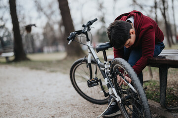 A person attentively repairs a bike by a park bench, conveying a sense of maintenance, skill, and...