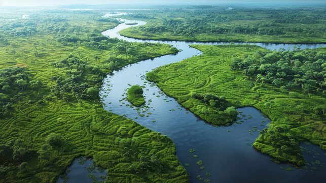 aerial view of congo river meandering through lush green mangrove swamps digital painting