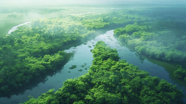 aerial view of congo river meandering through lush green mangrove swamps digital painting