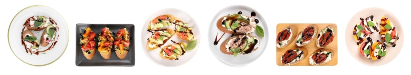 Set of delicious bruschettas with balsamic vinegar isolated on white, top view