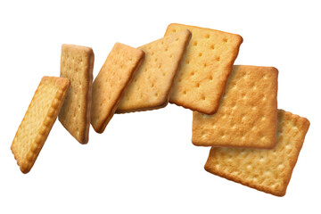Tasty dry crackers flying on white background