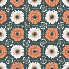 Orange and White Gerbera Daisy Grid Seamless Vector Repeat Pattern