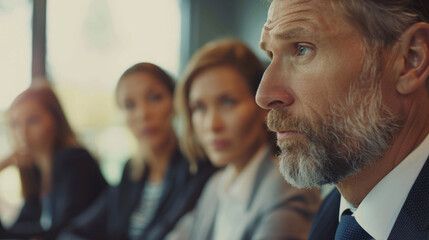 Business man and women listening to a discussion during a meeting - obrazy, fototapety, plakaty
