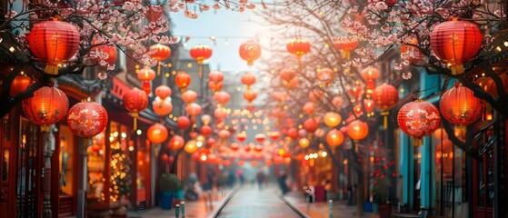 Blossom and Lanterns: A Minimalist Ode to Chinatown's Holidays. Concept Lantern Decor, Traditional Blossoms, Holiday Festivities, Chinatown Celebrations, Minimalist Aesthetics - obrazy, fototapety, plakaty