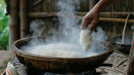 Rural people's way of steaming sticky rice - obrazy, fototapety, plakaty