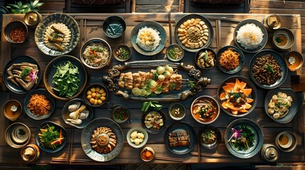 Thai Culinary Elegance: A High-Angle Invitation to a Vibrant Banquet Table - obrazy, fototapety, plakaty