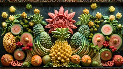 Thai Fruit Carving Display - A Vibrant Showcase of Culinary and Creativity - obrazy, fototapety, plakaty