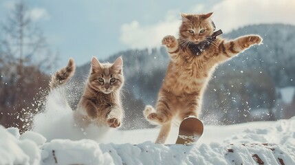 Winter Wonderland: Cat and Dog Defying Gravity as Snowboarding Companions - obrazy, fototapety, plakaty