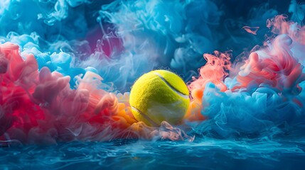 Energetic and Vibrant Tennis Ball with Dramatic Smoke Cloud