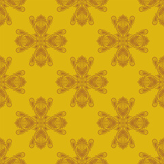 Seamless ethnic geometrical pattern with ancient Greek cross shape spiral palmette motifs. Orange brown silhouettes on yellow background.