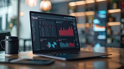 A laptop screen shows statistics and graphs of the work of people using cryptocurrency tax software to calculate capital gains and future technology changes. - obrazy, fototapety, plakaty