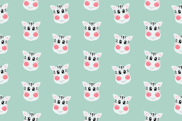 Seamless pattern with kawaii cute zebra face, head for children isolated on light blue background. Vector wallpaper illustration for kids, for textile