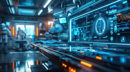 Naklejka premium A robot arm that is an innovation in healthcare The automation and control of future hospital equipment with holographic data represents incredible advances in medical robotics.