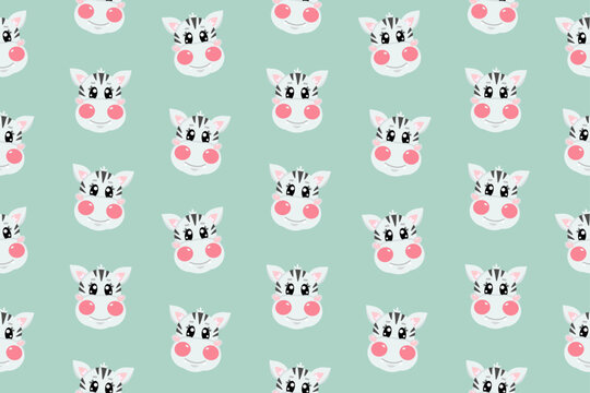 Seamless pattern with kawaii cute zebra face, head for children isolated on light blue background. Vector wallpaper illustration for kids, for textile