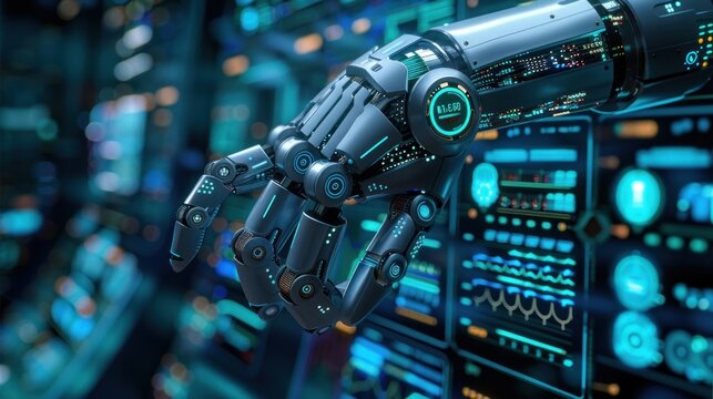 A robotic hand controlling industrial equipment with holographic data demonstrates the incredible advancement of robots with technology.
