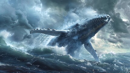Fototapeta premium Majestic Humpback Whale Powerfully Breaching Ocean Surface