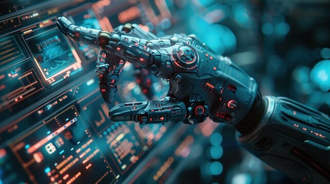 A robotic hand controlling industrial equipment with holographic data demonstrates the incredible advancement of robots with technology.
