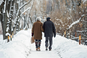 Fototapeta na wymiar Captivating Elderly Couple Walking on a Snowy Path: Essential for an Engaging and Warm Visual Experience