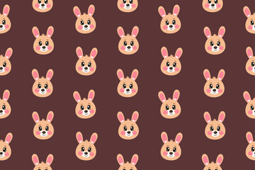 Seamless pattern with kawaii cute face of  bunny, rabbit head for children isolated on brown background	