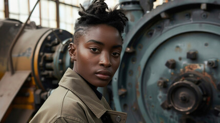 In this portrait a black nonbinary individual confidently inhabits an industrial environment their clothing a fluid mix of masculine and feminine elements. The hard edges of the machinery .