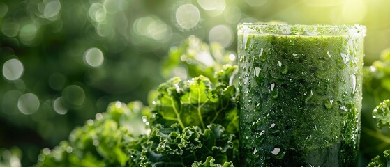 Kale smoothie, close-up, vibrant green, morning light, detailed texture, glass dew - obrazy, fototapety, plakaty