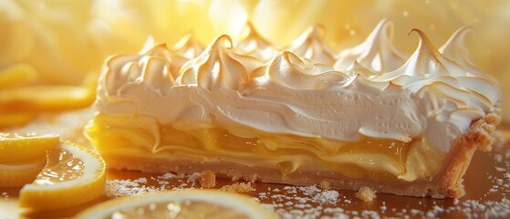 Lemon meringue pie slice, close-up, fluffy meringue, soft kitchen glow, detailed lemon curd - obrazy, fototapety, plakaty