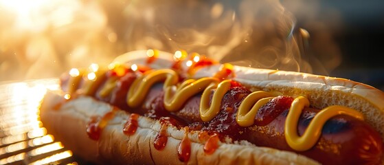 Hot dog, mustard swirl, close shot, steaming, bright outdoor light, crisp bun detail - obrazy, fototapety, plakaty