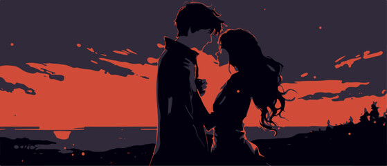 couple on the city, silhoutte, man and woman, dance, hug, romantic couple, love illustration vector in sunset