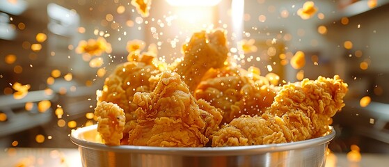 Fried chicken bucket, close view, crunchy exterior, kitchen light, detailed crumb - obrazy, fototapety, plakaty