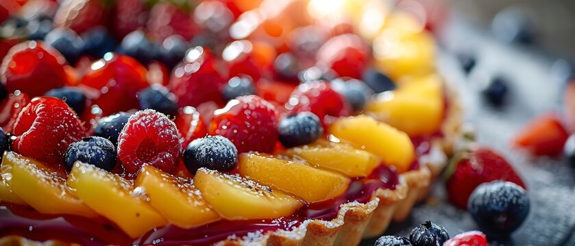Fruit tart, glossy glaze, close view, bright daylight, detailed fruit arrangement