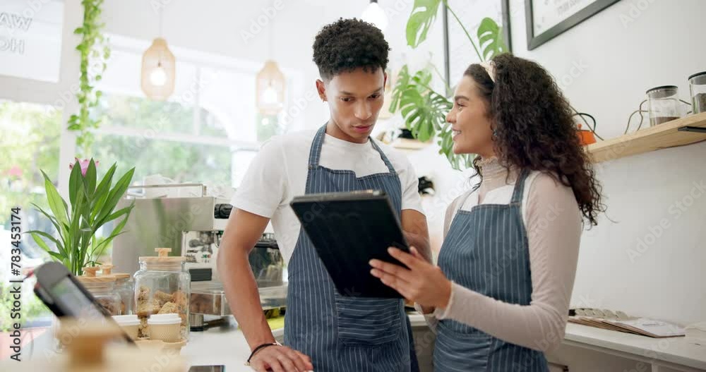 Poster Coffee shop, barista and communication with tablet for teamwork, discussion and ecommerce at cafe. Small business, people and waitress with technology for website update, schedule or inventory check