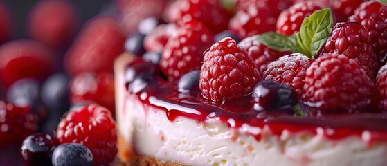 Cheesecake, berry compote, close view, graham cracker crust, soft focus, detailed berry sheen