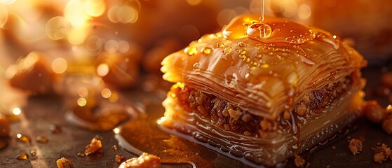 Baklava, honey drip, close view, crisp layers, warm light, detailed nut and syrup textures