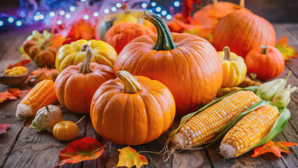 Autumn Harvest Display Pumpkins Corn