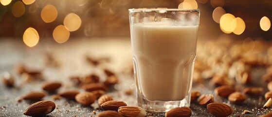 Almond milk, glass, close view, creamy texture, soft backlight, detailed nut particles - obrazy, fototapety, plakaty