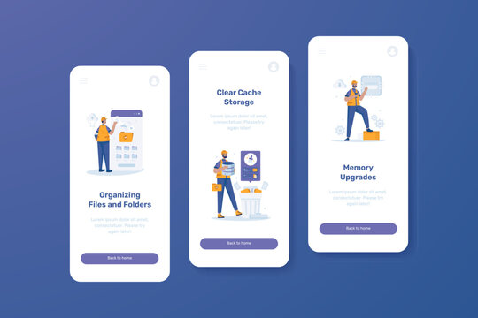Organize file, clear cache storage and memory upgrade illustration onboard screen template