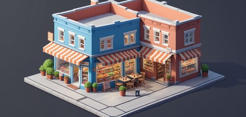 Illustrative representation of an isometric view of a freestanding building containing commercial and retail space in an urban environment