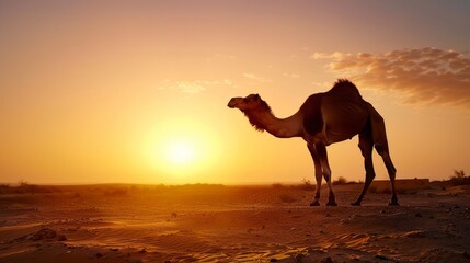Camel silhouette at sunset in a desert landscape