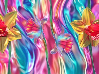 Bright daffodils stand out against a backdrop of abstract, colorful swirls, creating a striking visual contrast.